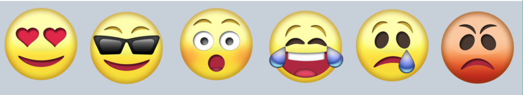 strip with 6 emojis: smiley, shades, surprise, laugh, cry, and angry