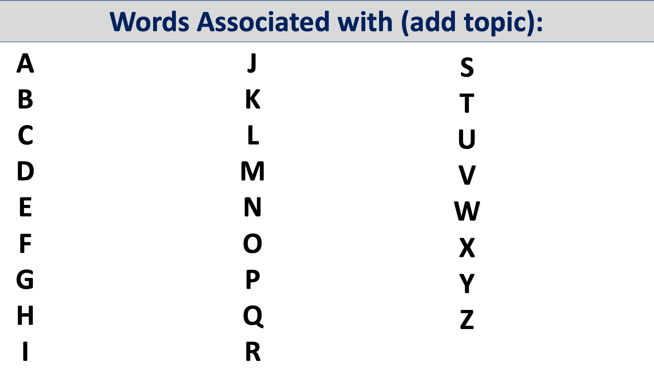 powerpoint slide template for a virtual brainstorm where students add words, related to a given topic, for all 26 letters