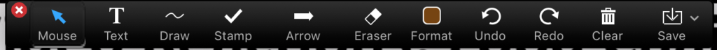 closeup of the annotation toolbar used in Zoom that includes tabs for mouse, text, draw, stamp, arrow, eraser, format, undo, redo, clear, and save