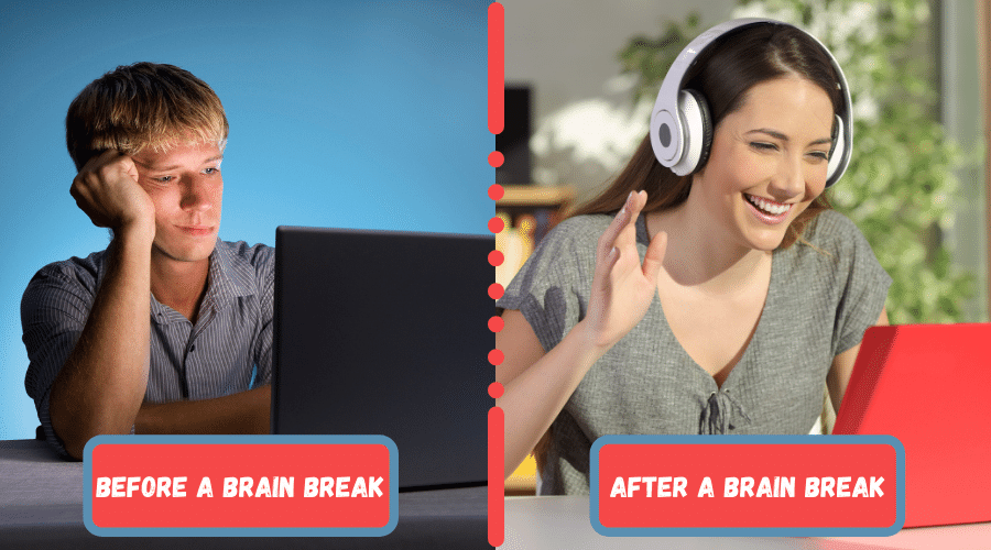 on the left is a blonde teenage boy looking at his laptop screen and seeming bored, a text box reads before a brain break; on the right is a brunette white teenage girl wearing headphones, raising her hand, and smiling at a red laptop with a text box that reads after a brain break