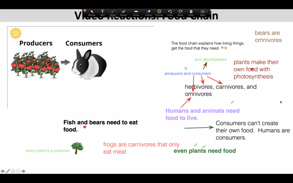 screen shot from zoom that includes an embedded PowerPoint video about food chains and a number of annotation comments typed by various students