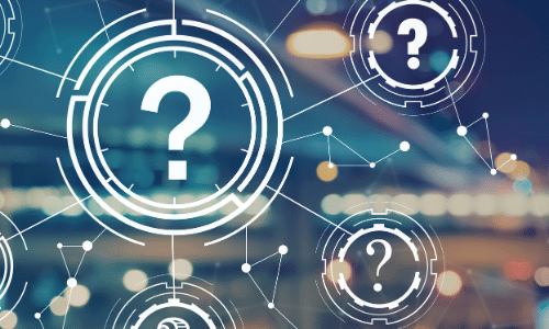 a series of white question marks inside white circles with a blurry blue background