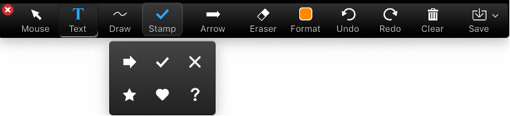 zoom toolbar with the following options: mouse, text, draw, stamp (arrow, check, x, star, heart, question mark), arrow eraser, format, undo, undo, redo, clear, and save