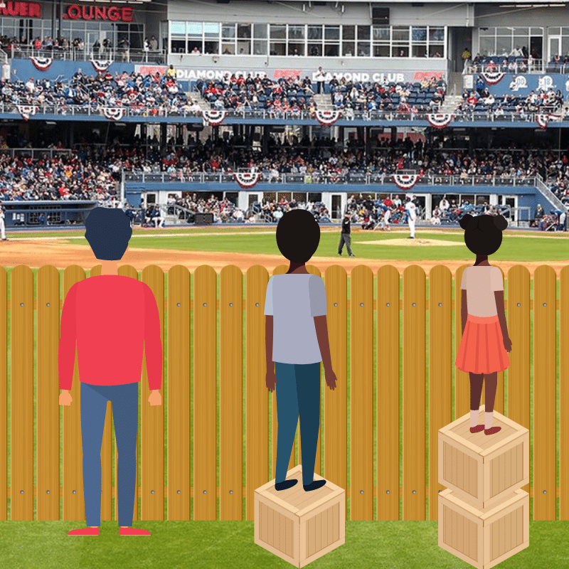 3 people are standing on crates to watch a baseball game over a wooden fence