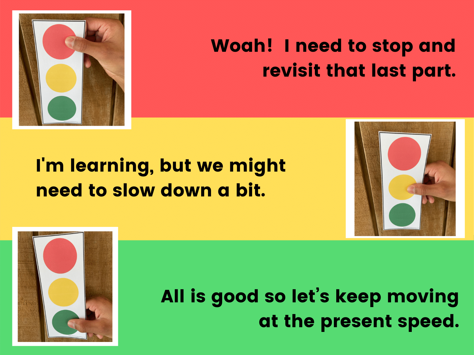 a traffic light with a student's hands holding it