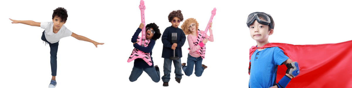 on left a girl is pretending to fly, in middle 2 girls are playing toy guitars and a boy is singing with a microphone, on the right a young boy is dressed like Superman