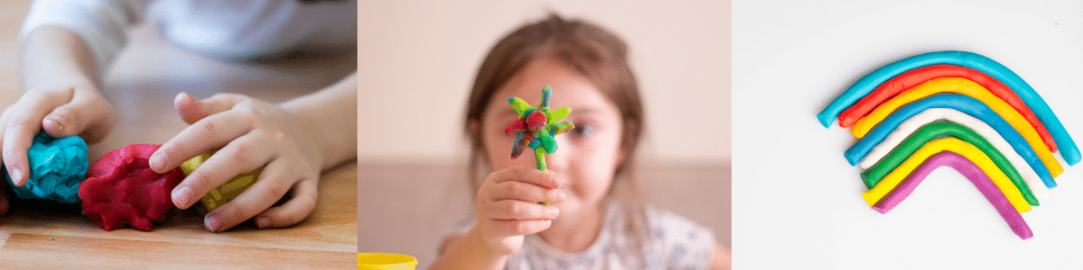 on left a boy's hands are molding blue and red clay, in the center a young girl holds up a flower made of clay, on the right is a rainbow made of clay