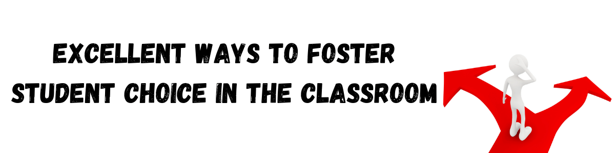 a white rectangle with black print that says excellent ways to foster student choice in the classoom and a clipart of a white stick figure standing on two red arrows that veer in opposite directions