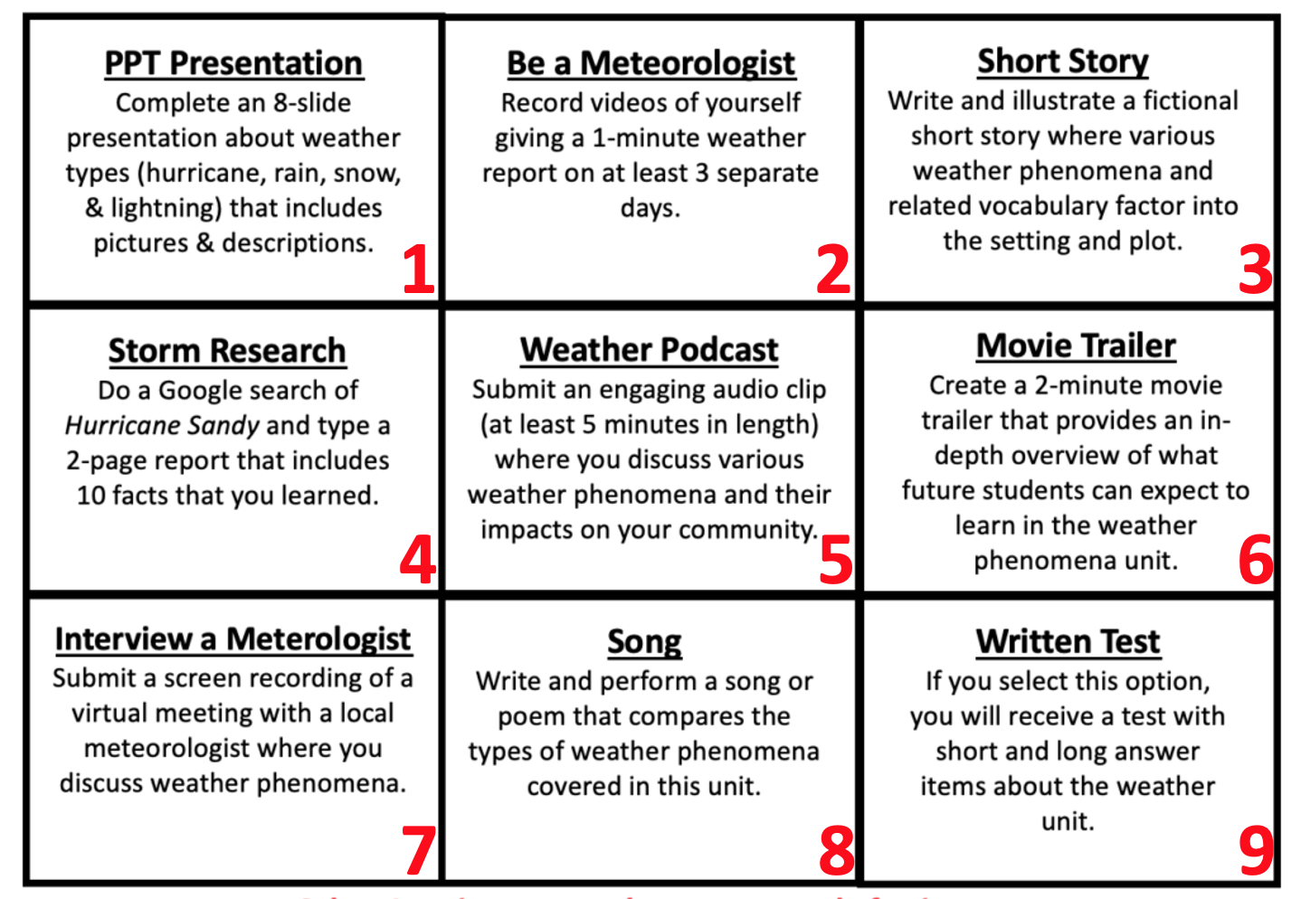 sample choice board for a unit on weather phenomena