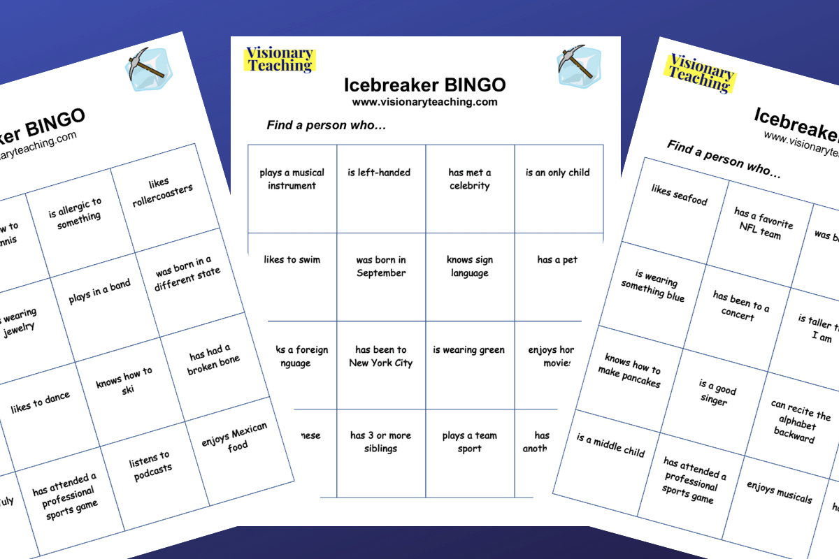 navy blue background with 3 Icebreaker Bingo cards on top. Each Icebreaker Bingo card has a clipart of a pick axe on a block of ice and a grid with 16 categories.