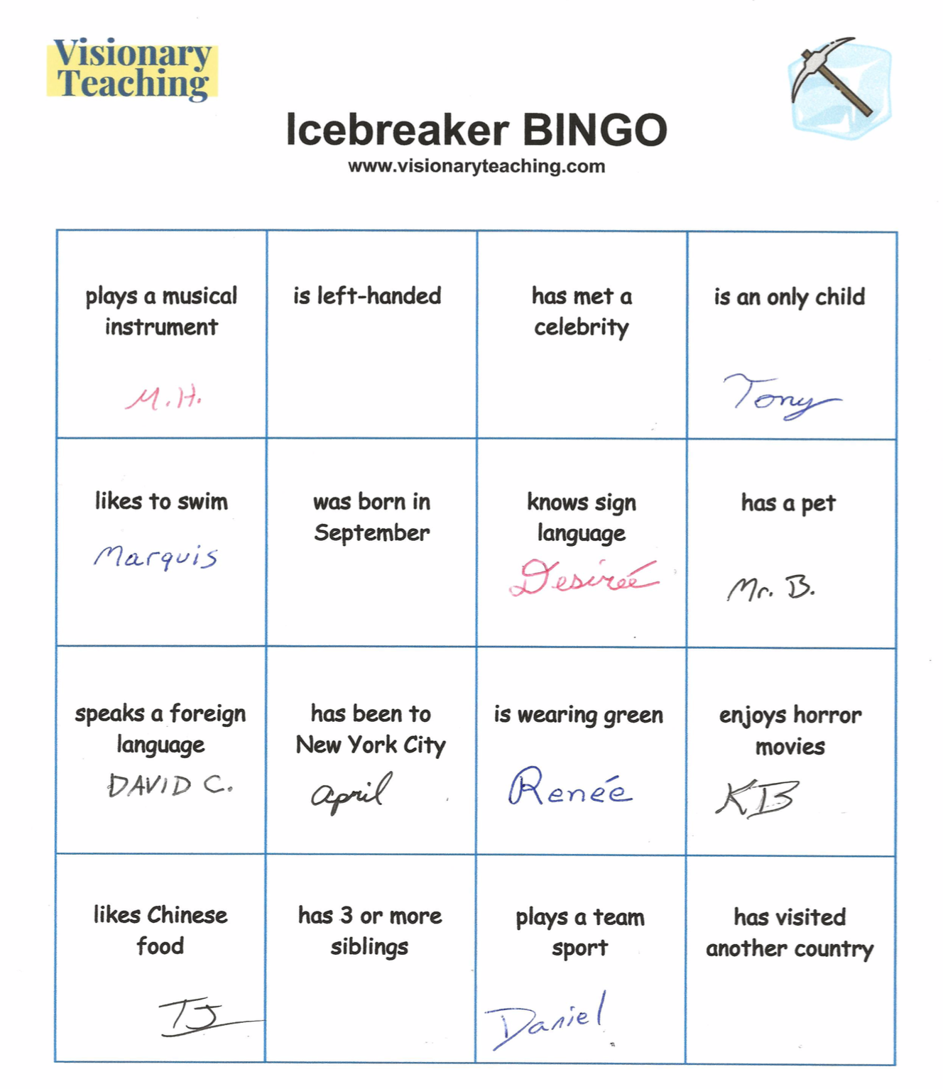 This is a sample Icebreaker BINGO card with a grid of 16 blocks and a variety of signatures written on various blocks
