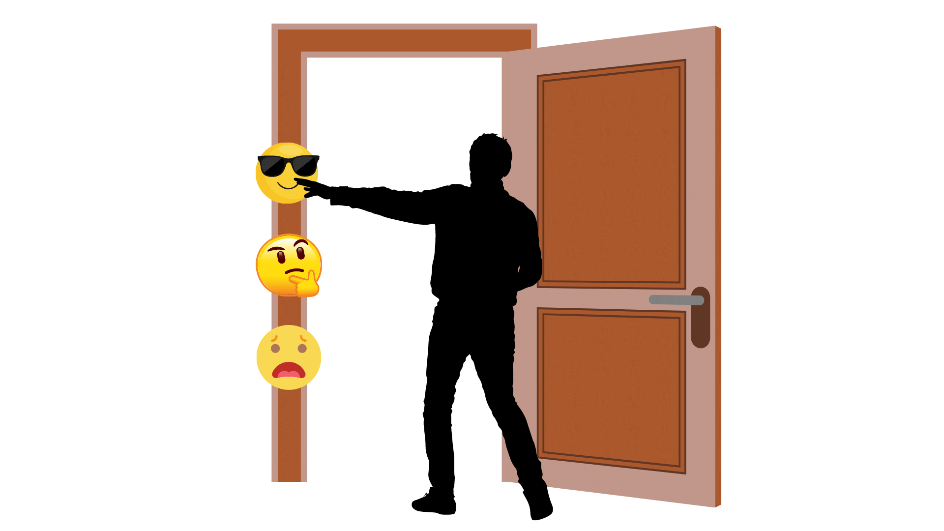 clipart of a brown door with 3 Emojis attached to the left door jamb- sunglasses Emoji, thinking Emoji, and worried Emoji. A male figure is touching the sunglasses Emoji with his left hand.