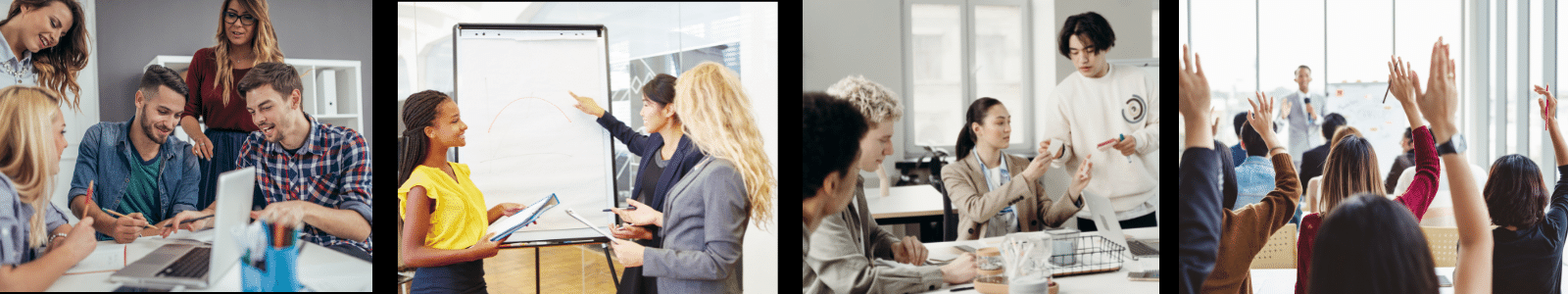 horizontal collage of 4 photos- first photo shows 5 adults smiling while collaborating, second photo shows 3 women talking about a figure on a poster pad, third photo shows two asian adults exchanging manipulatives, fourth photo shows an audience raising their hands