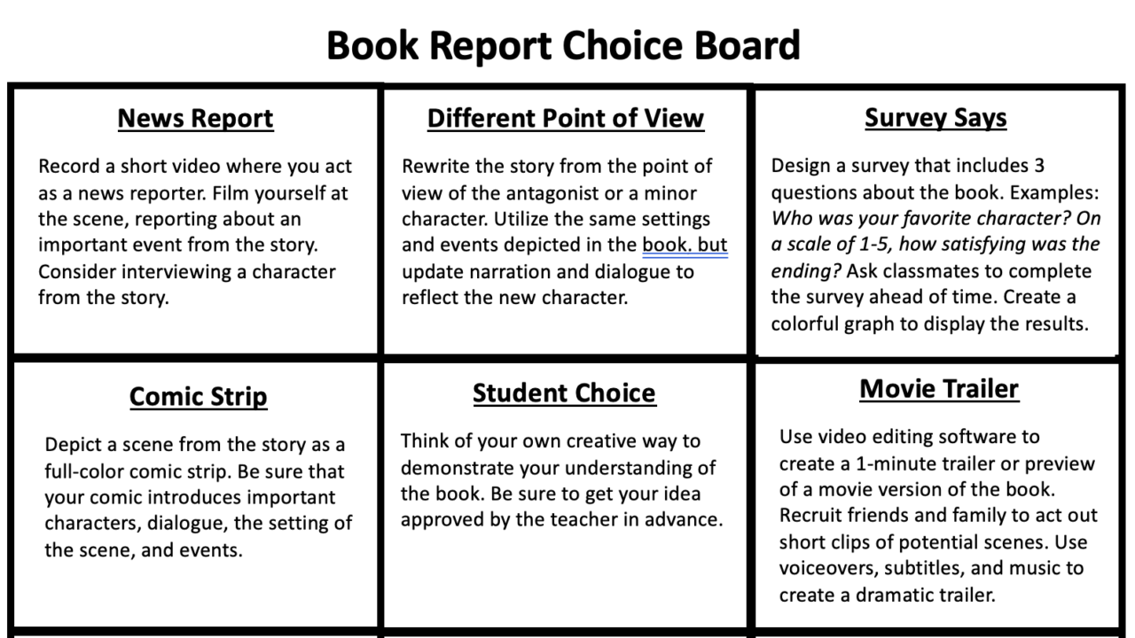 book report choice board pdf