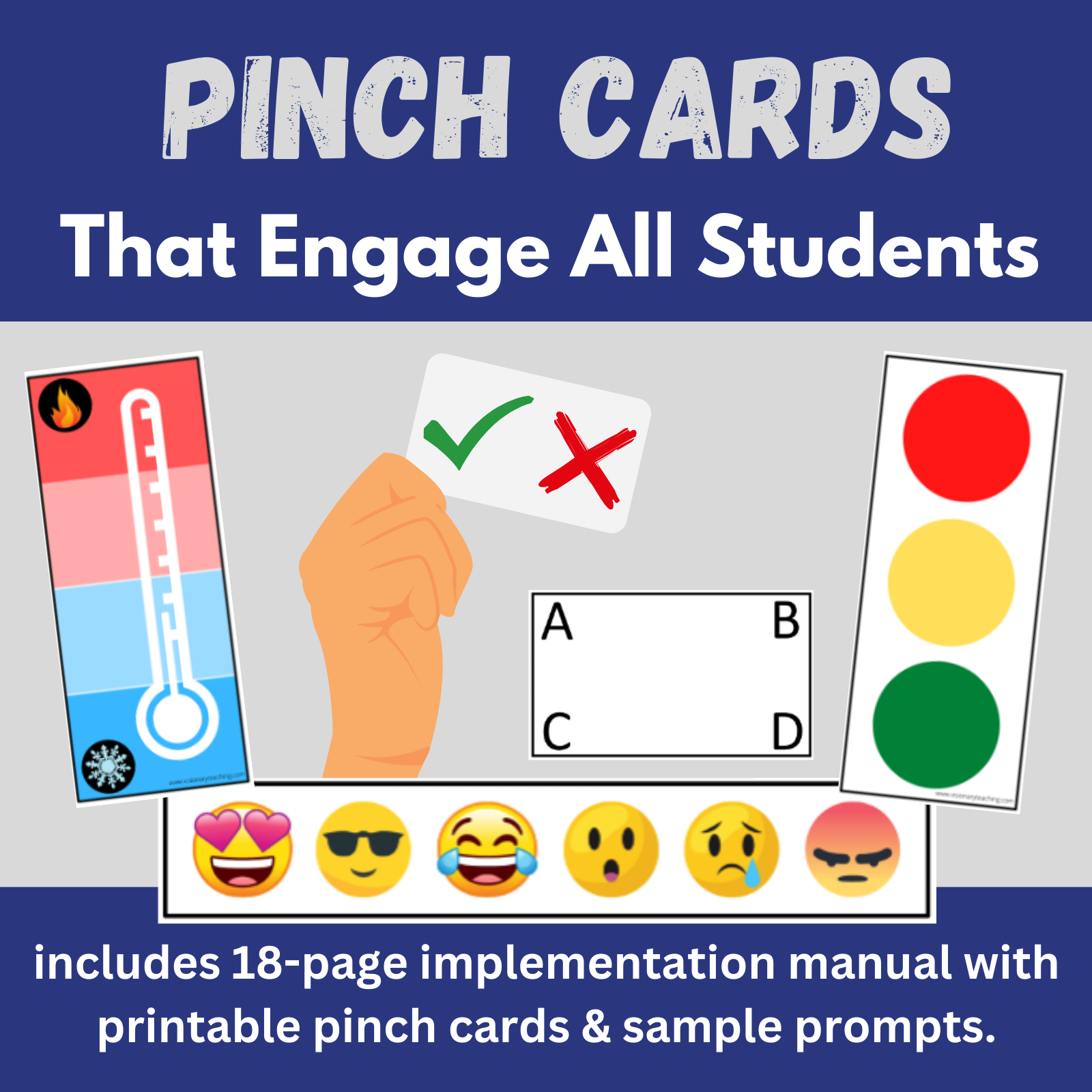 navy blue background with gray text that says "pinch cards that engage all students. In the middle are decorative clipart representing pinch cards.