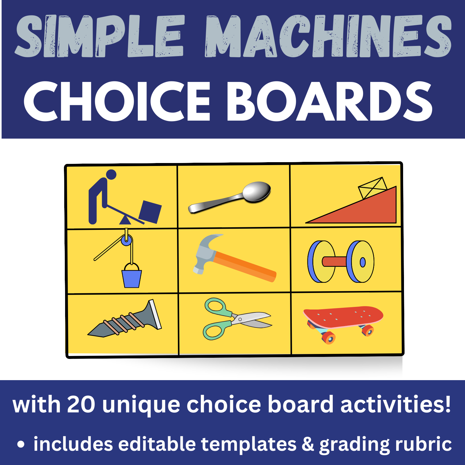 blue background with white writing that says "simple machines choice boards." In the middle is a decorative clipart of a 9-cell choice board.