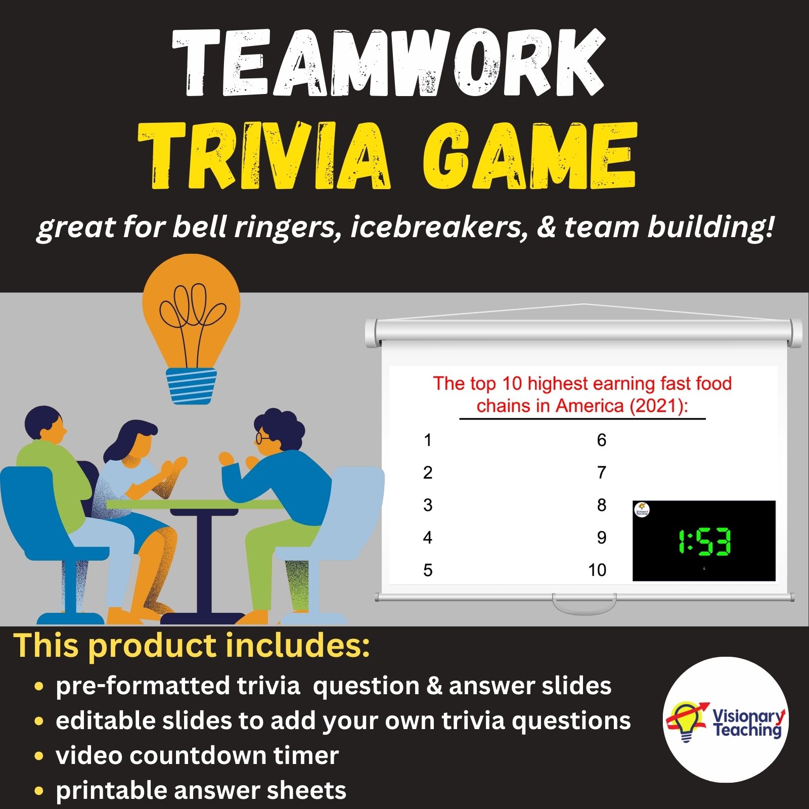 Teamwork Trivia by Visionary Teaching text says Icebreaker Bingo, great back-to-school activity, image includes clipart of 3 bingo cards inside a yellow callout shape