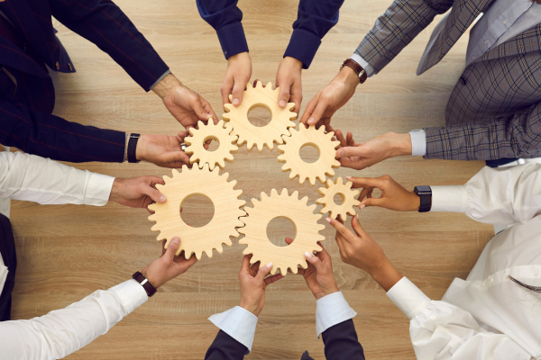 6 pairs of hands holding wooden gears