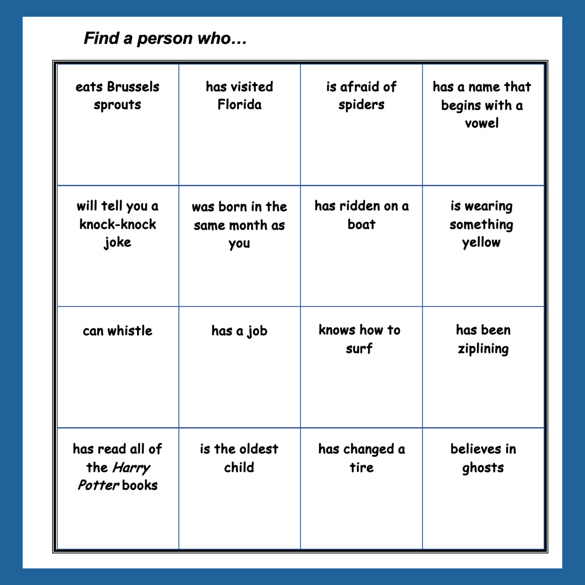 1 16 by 16 grid with icebreaker bingo prompts