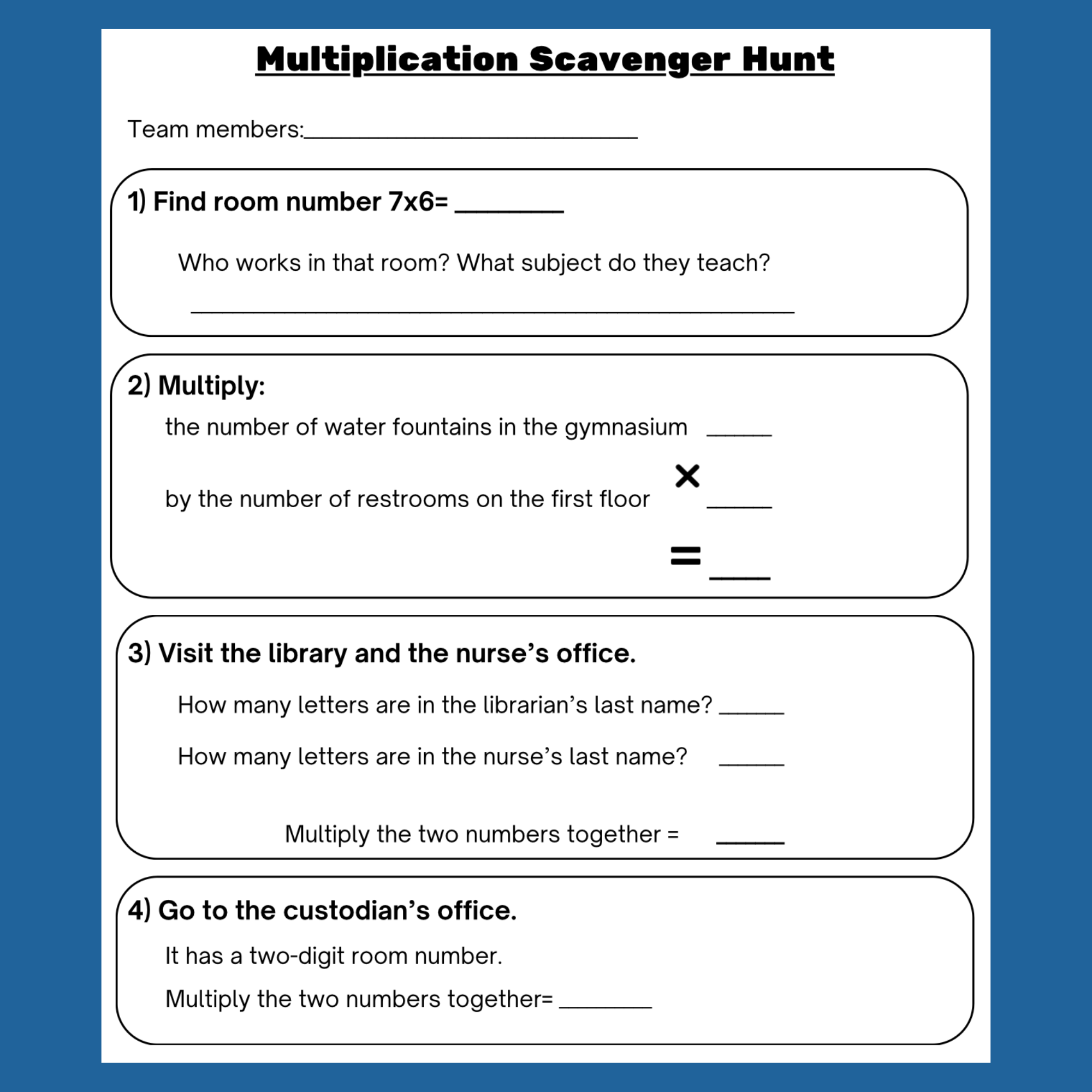 3 sample scanvenger unt that combines school awareness with multiplication