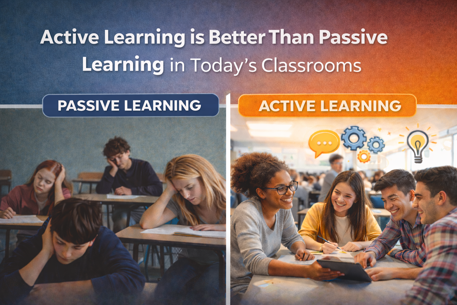 Featured blog image showing passive learning with bored students at desks on the left and active learning with engaged students collaborating at tables on the right, illustrating how student engagement transforms learning outcomes