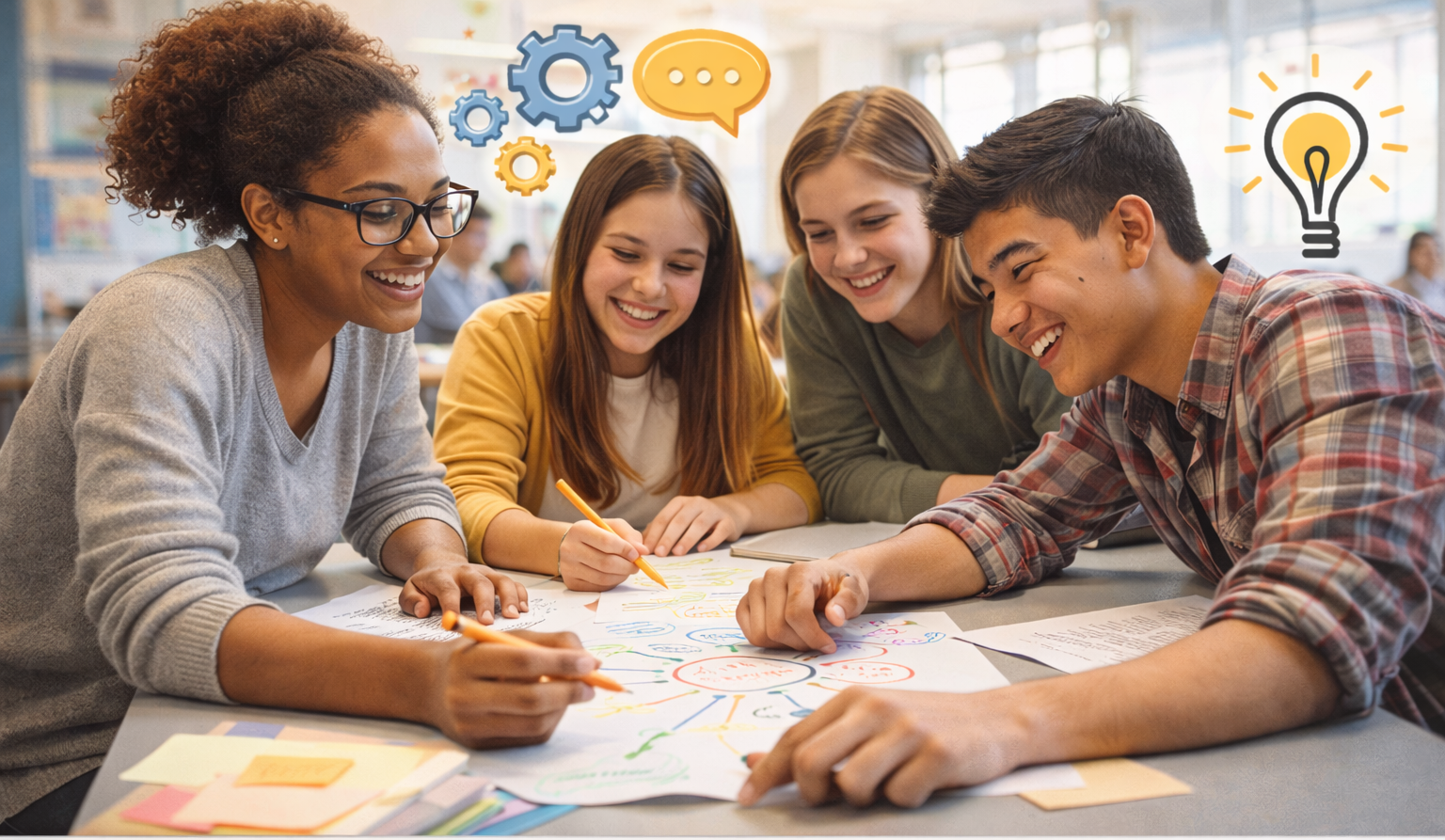 group of ethnically diverse teens working together on a mind map in a classroom, appearing engaged and collaborative as part of an active learning activity