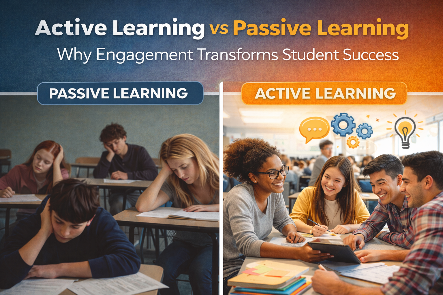 Featured blog image showing passive learning with bored students at desks on the left and active learning with engaged students collaborating at tables on the right, illustrating how student engagement transforms learning outcomes