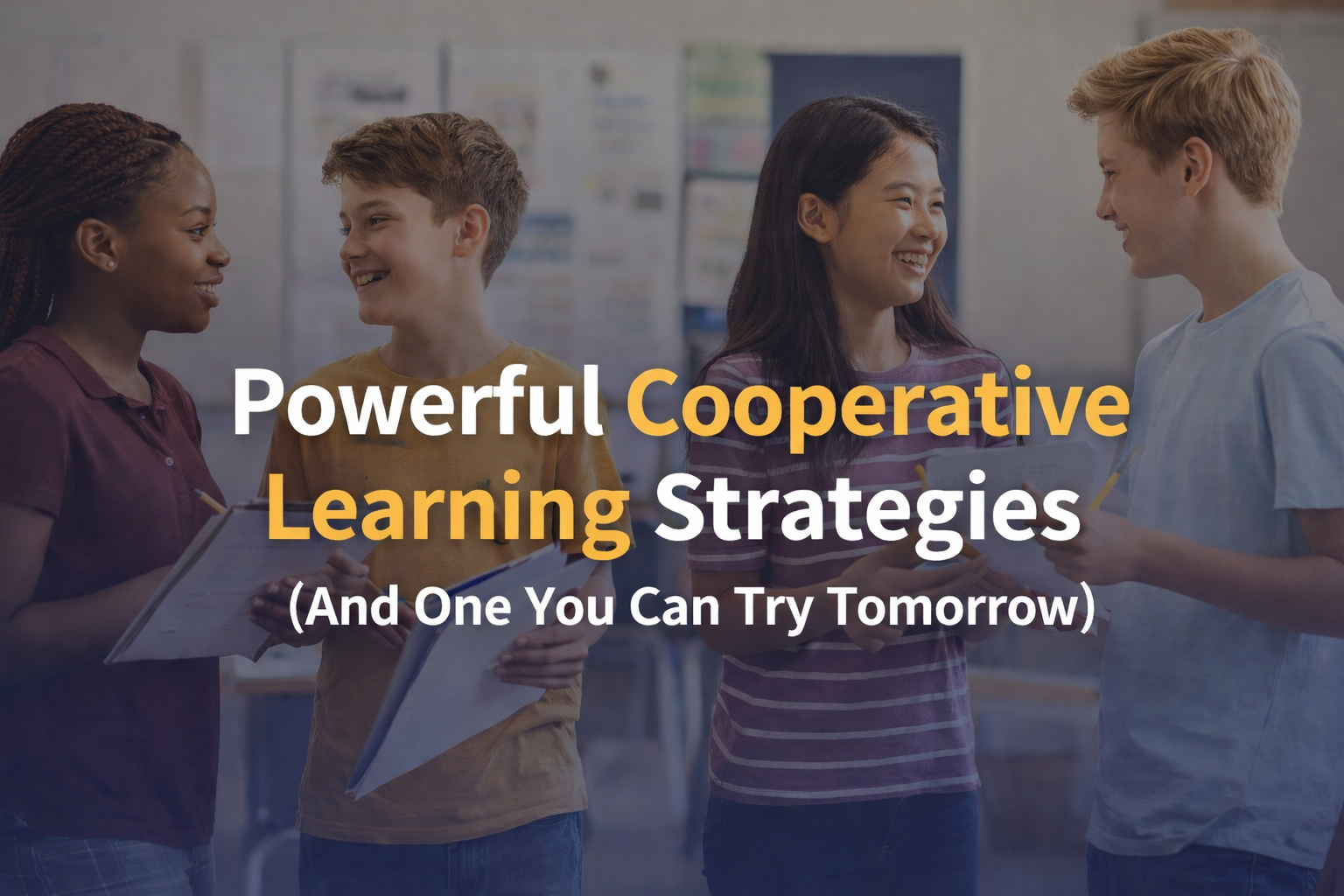 Four teens discussing a class project