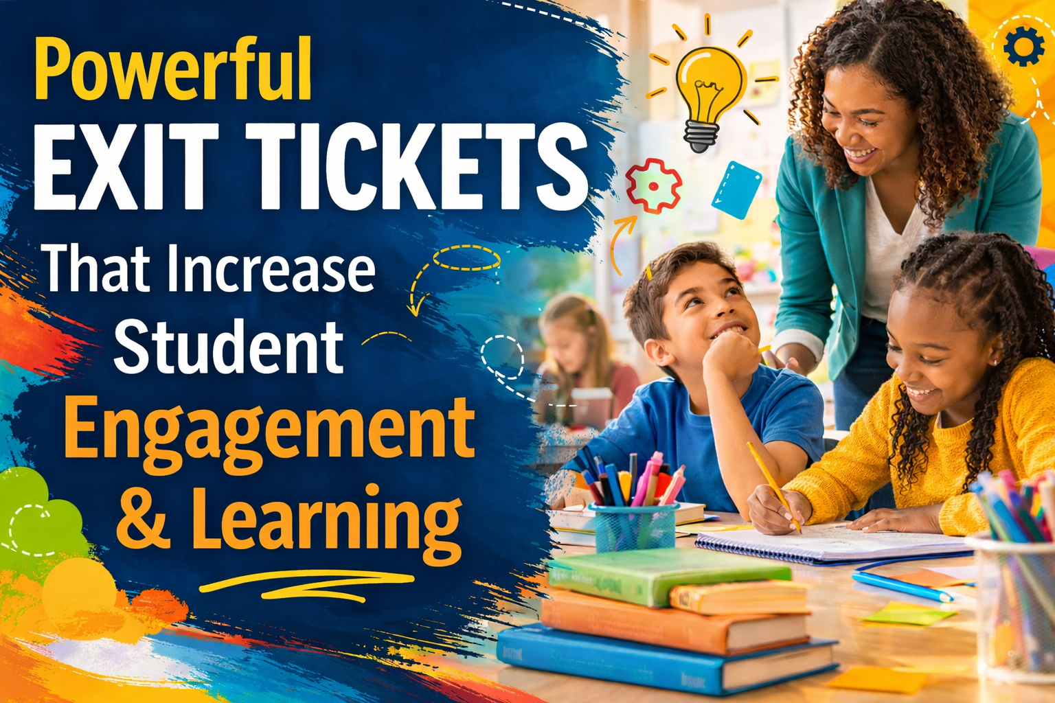 Female teacher leans over two students who are smiling