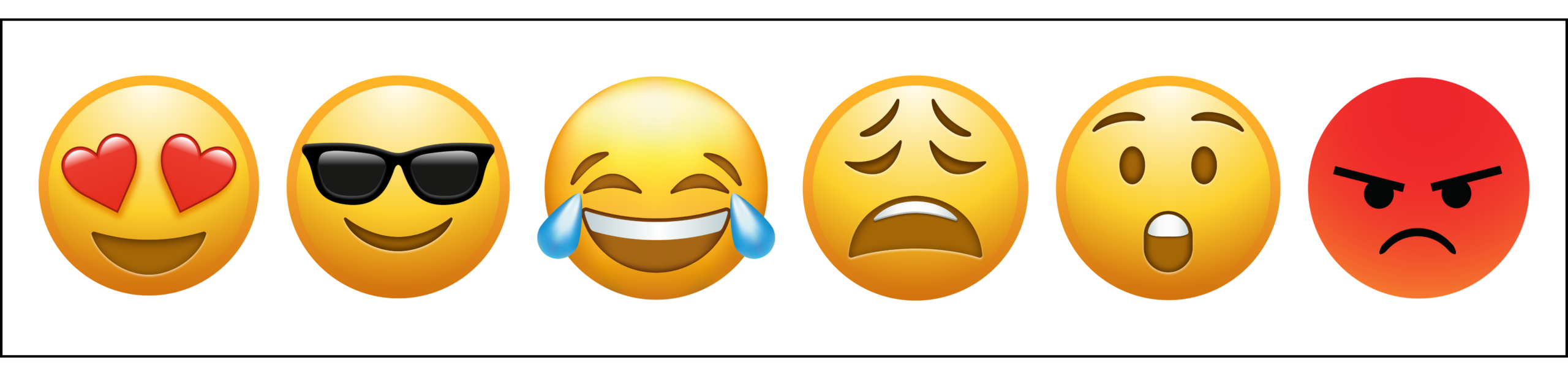 from left to right- heart emoji, shades, laugh, sad, surprised, angry