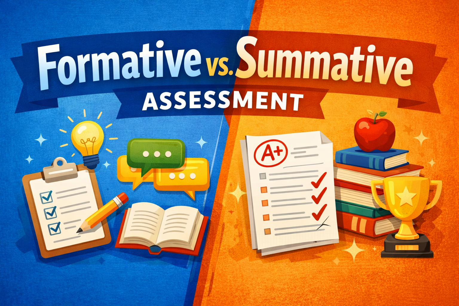 Featured blog image showing a side-by-side comparison of formative vs. summative assessment, including quizzes, feedback, graded papers, and student learning tools.