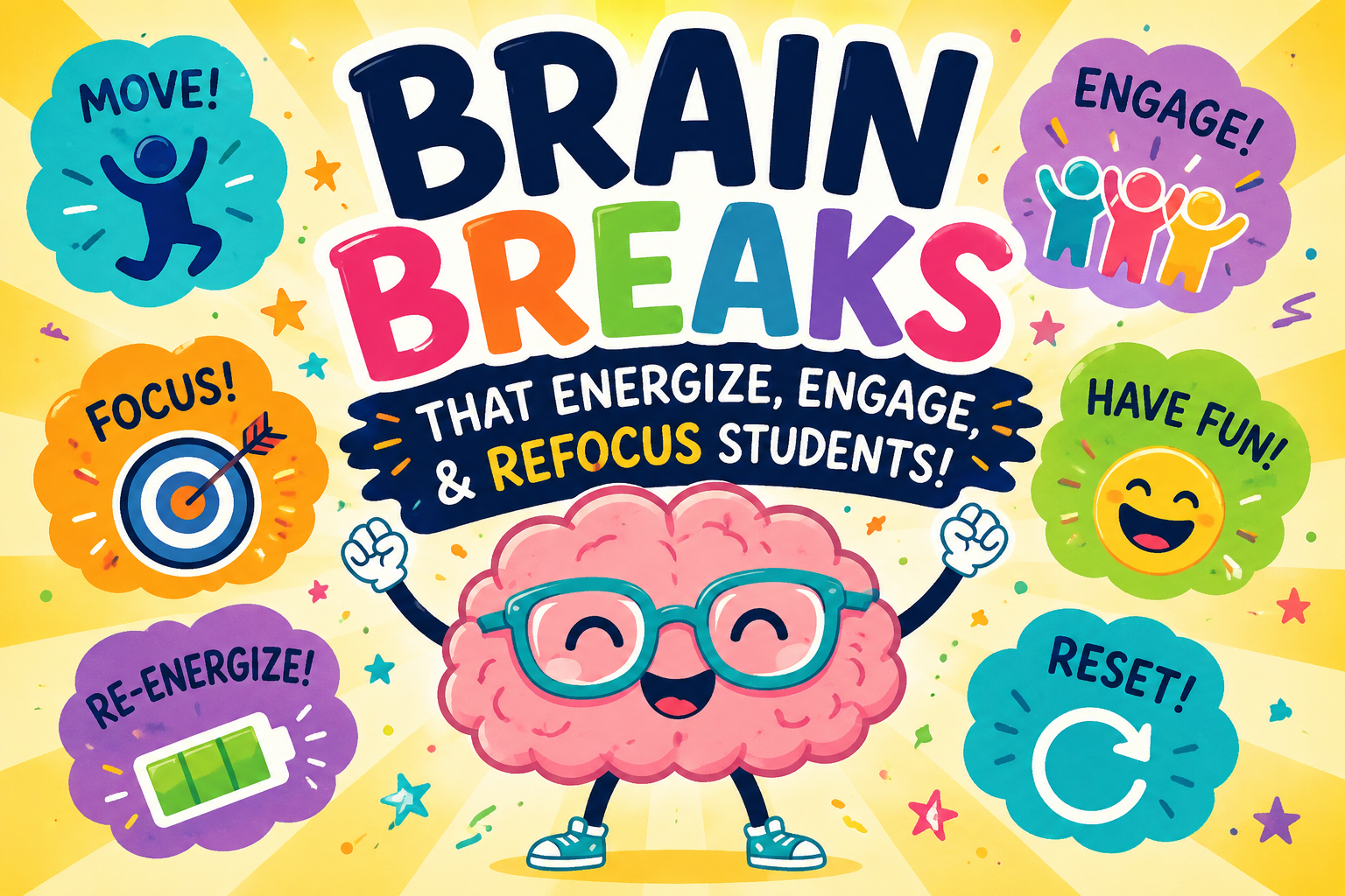 Colorful illustrated brain break graphic featuring a smiling cartoon brain surrounded by movement, focus, engagement, and reset icons for classroom learning.
