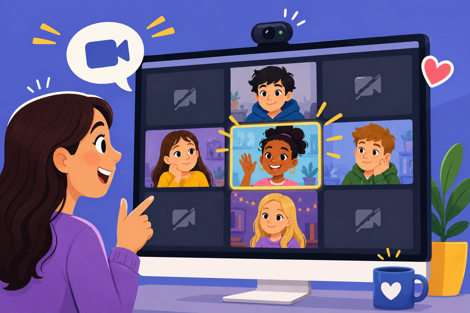 Illustrated teacher encouraging students to turn their cameras on during a fun virtual learning activity