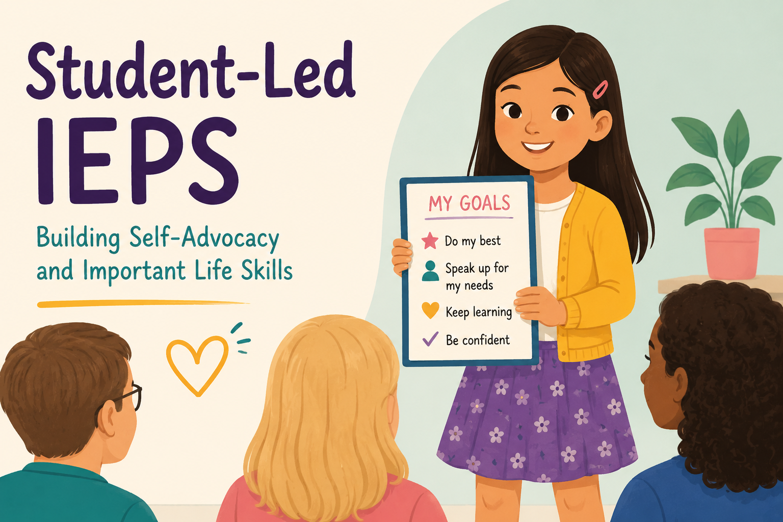 Illustration of a young female student confidently presenting her goals during a student-led IEP meeting while classmates and adults listen supportively.