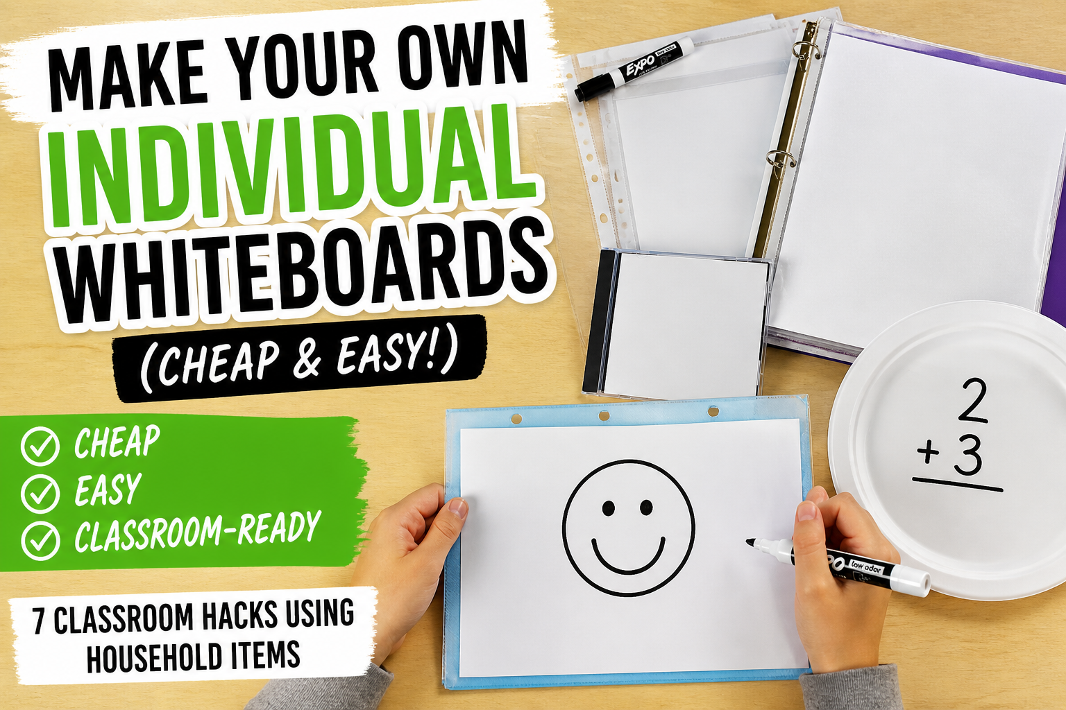 DIY classroom whiteboards made from household items like sheet protectors, binders, CD cases, and plastic plates for student engagement
