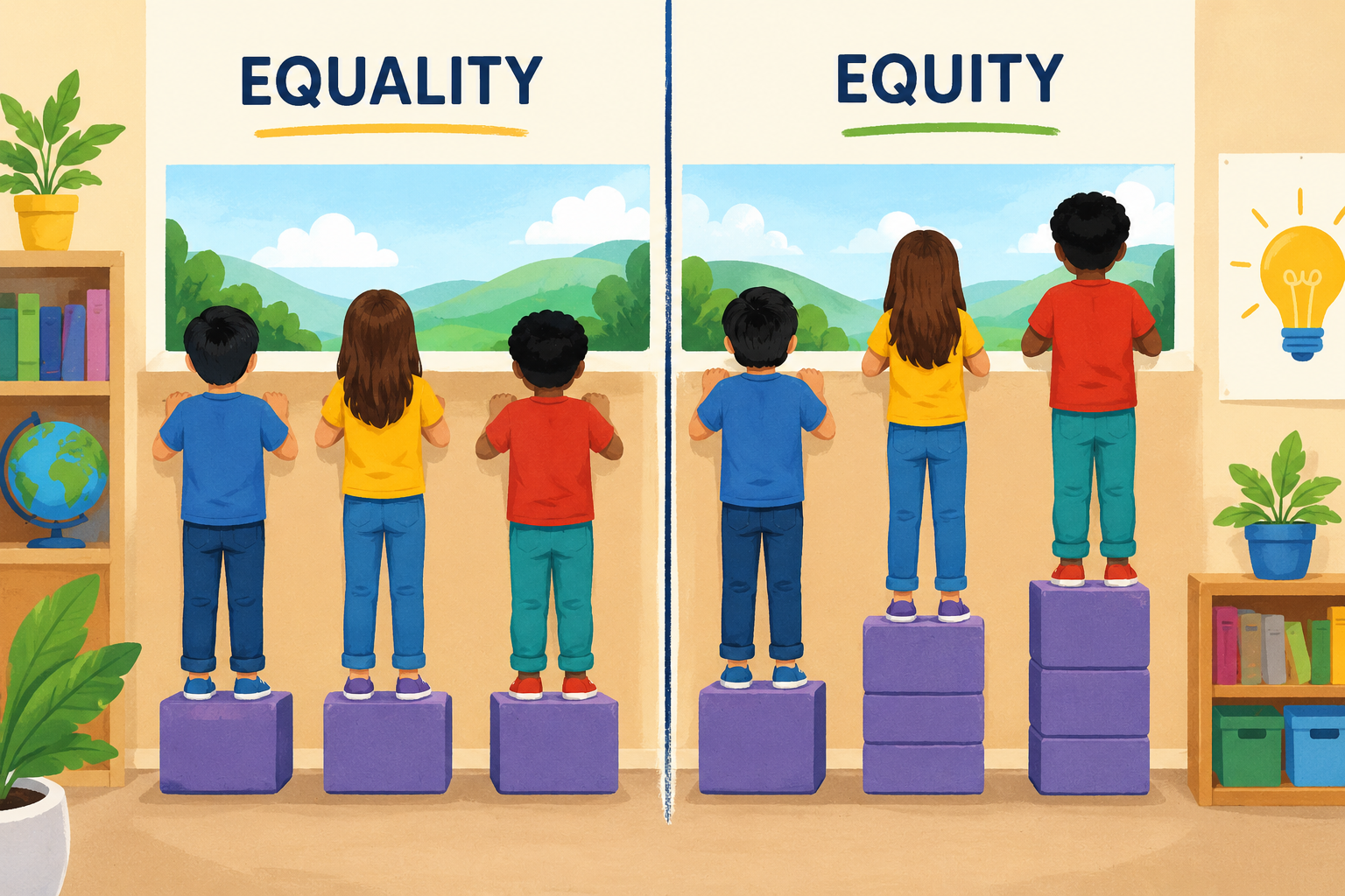 Illustrated classroom showing equity vs equality in education, with students standing on different sized blocks to reach the same learning goal
