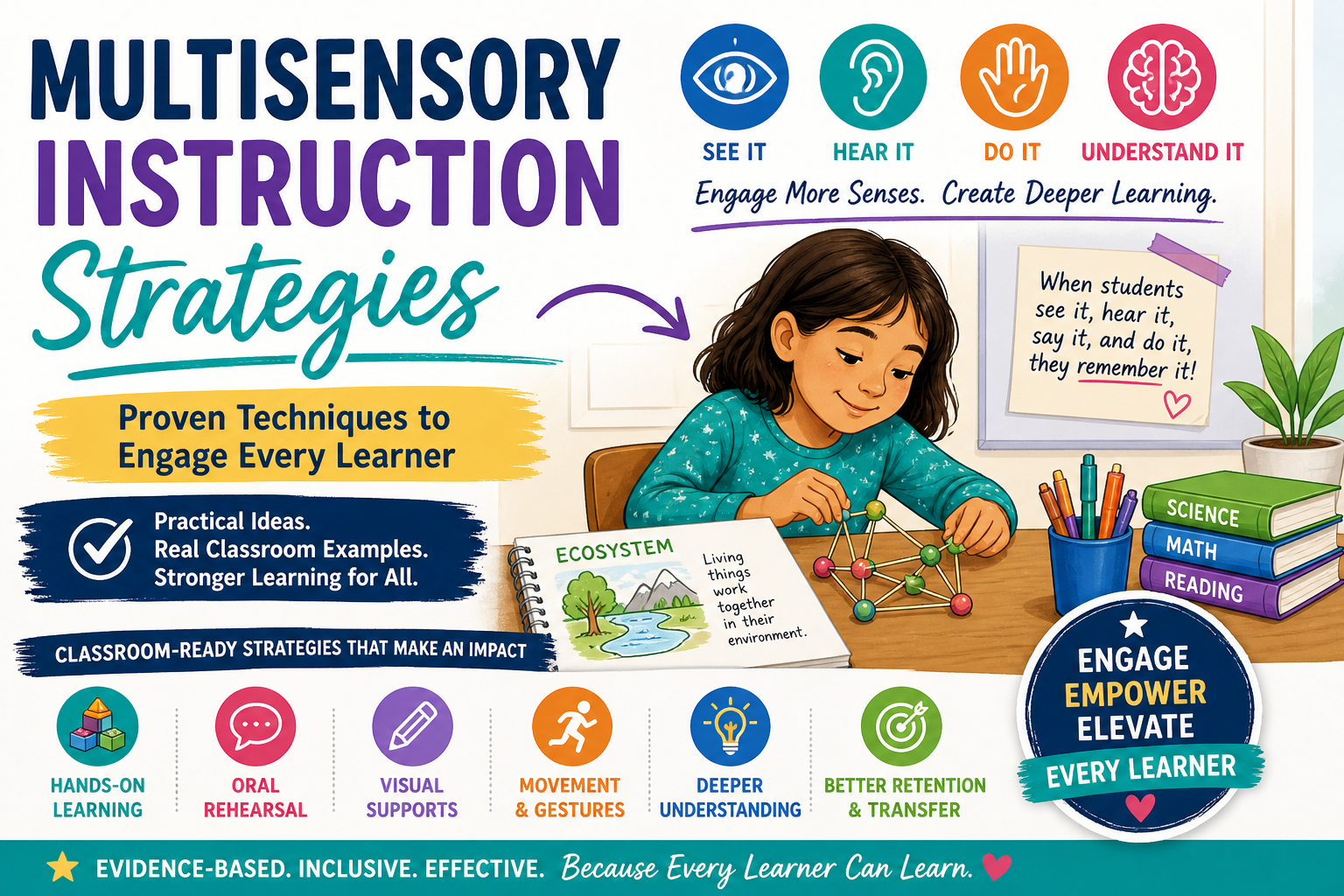 Illustrated educational infographic showing multisensory instruction strategies for teachers, including visual, auditory, and hands-on learning techniques to engage all students in the classroom.