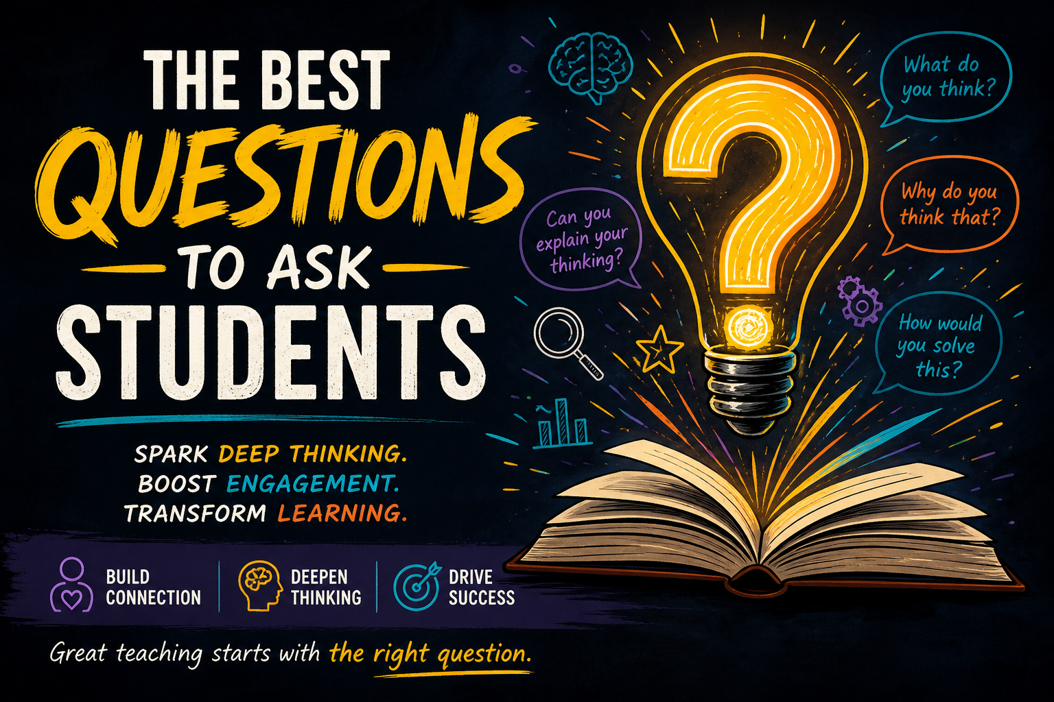 Illustrated classroom graphic showing a glowing question mark lightbulb rising from a book, representing powerful questions teachers can ask students to increase engagement and critical thinking