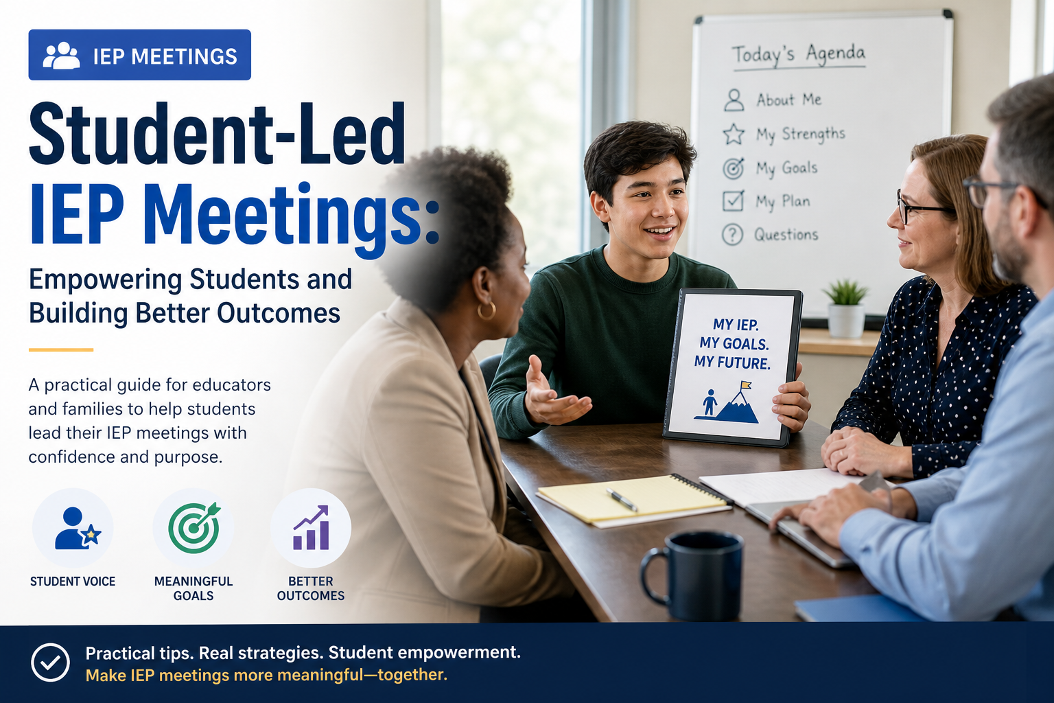 Student leading an IEP meeting at a conference table while educators and parents listen and collaborate, highlighting student voice and self-advocacy in special education planning