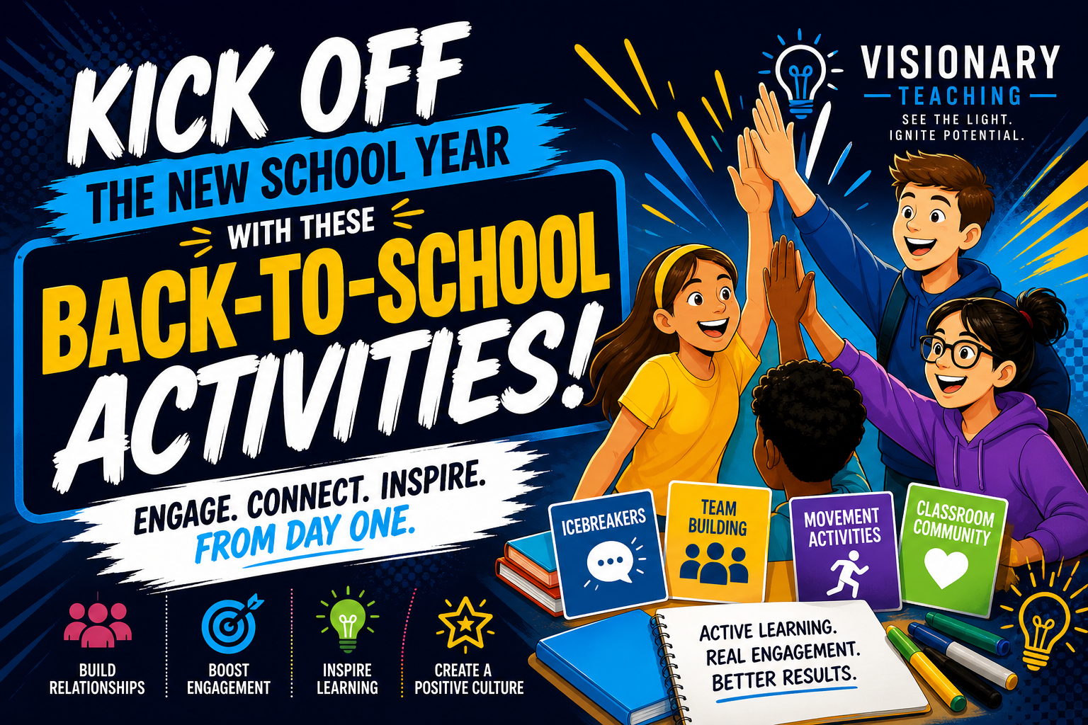 Back-to-school activities for student engagement featuring collaborative classroom icebreakers, team-building, and active learning strategies by Visionary Teaching