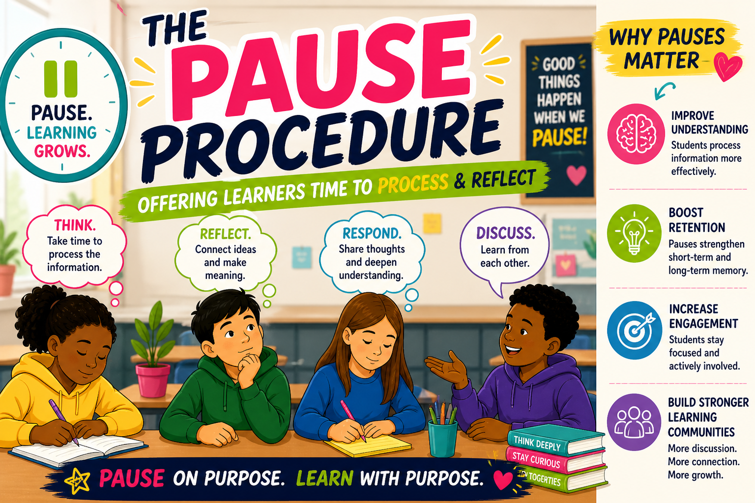 Illustrated classroom showing the pause procedure strategy with students reflecting, writing, and discussing during structured learning pauses
