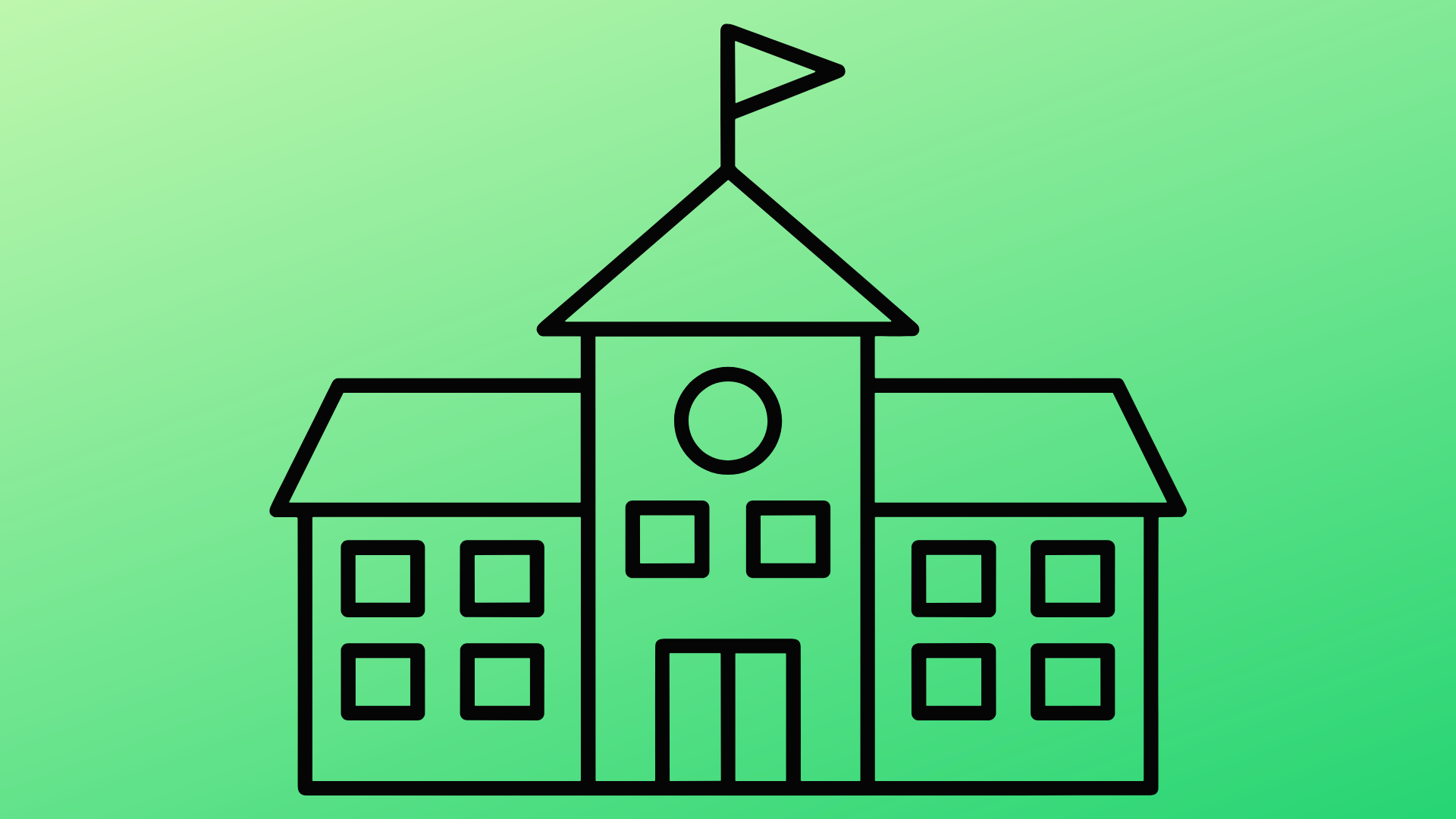 line drawing of a school building with a green background