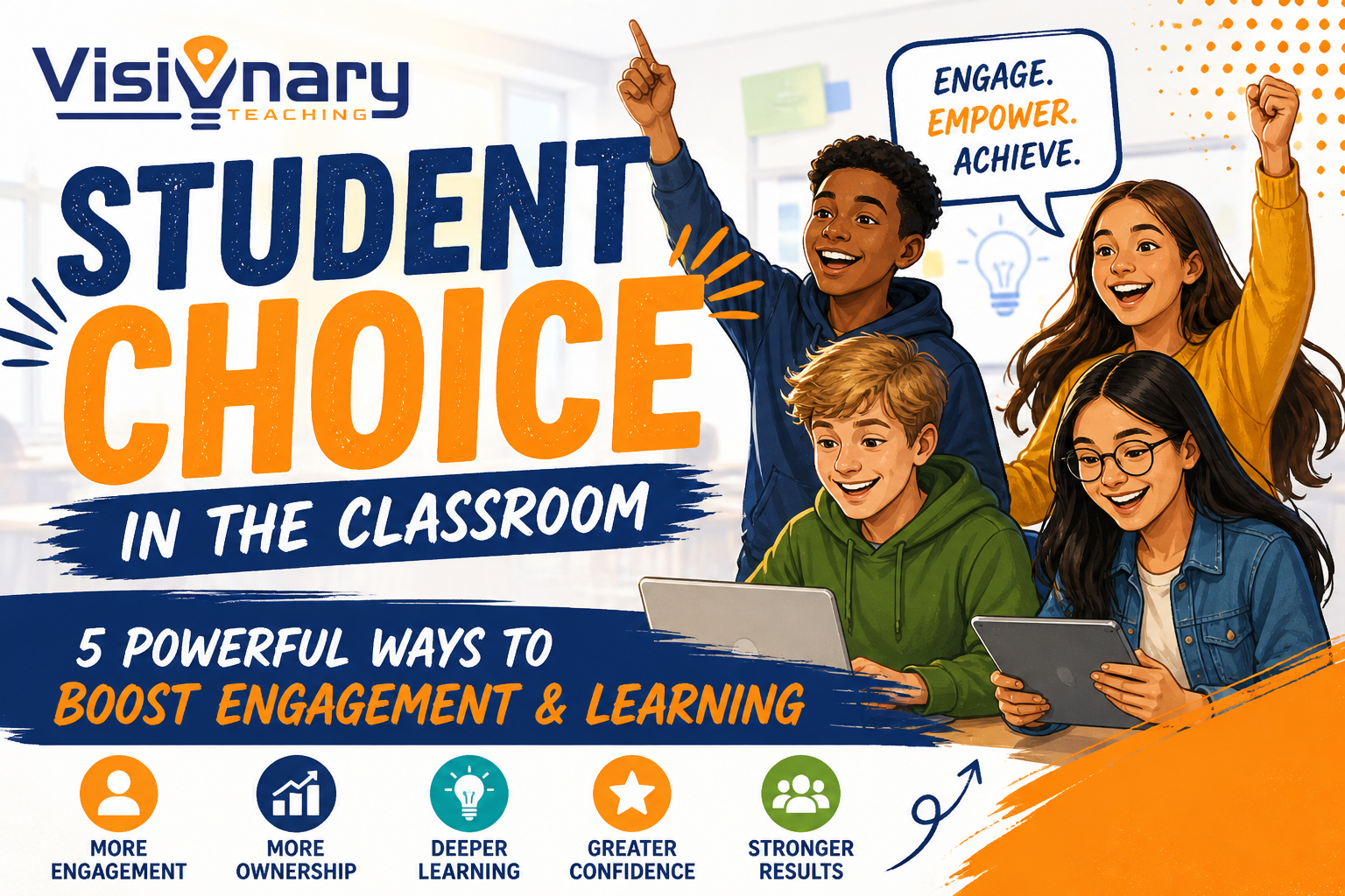Student choice in the classroom illustration showing engaged students and strategies to boost engagement and active learning