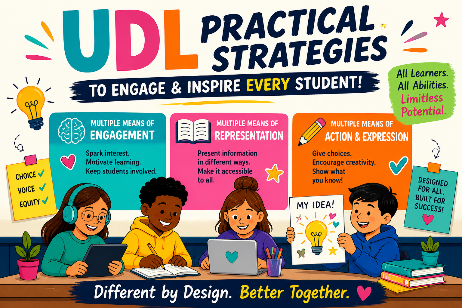 Colorful illustrated classroom showing Universal Design for Learning strategies including engagement, representation, and action and expression with diverse students actively learning